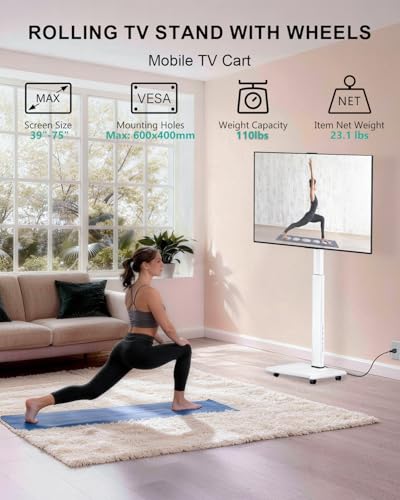 Image of WALI Rolling TV Stand with Power Outlet, Mobile Tall TV Stand Mount on Wheels for 39-75 inch TV up to 110 lbs, Swivel Height Adjustable TV Cart with Wood Base for Bedroom(TVDVD-7PRW), White