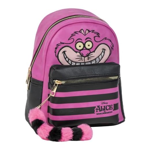 Mochila Casual de Disney - Color Rosa - 22.5x22.5x7.cm - Fabricada en PU - Estampado del Gato Cheshire - Producto Original