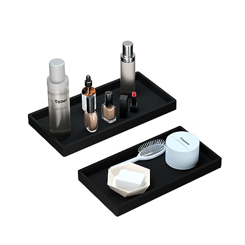 Image of BBK Bathroom Vanity Tray 7.8 in - 2 Pack(Small) Silicone Bathroom Tray for Counter, Perfume Key Trinket Ring Tray, Decor Soap Dispenser Countertop Tray for Kitchen Sink Organization (Black)