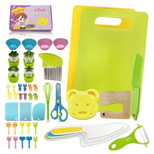 JAADU 43 Pièces Ustensiles Cuisine Enfant, Kit Couteaux de Sécurité pour Couper Fruits ou Légumes,Comprend Planches à Découper, Couteaux et Moule à Biscuits - Idéal pour Apprendre à Cuisiner
