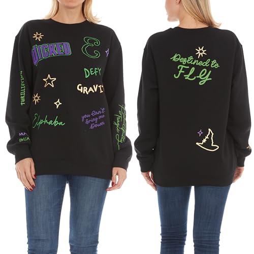 Wicked Elphaba Womens Ladies & Juniors Black Multi-Placement Crewneck Sweatshirt with Embroidery & Chenille Patch