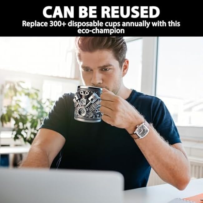 V8 3D Stainless Steel Cup, V8 Engine Coffee Mug with Heat-Insulated Handle, Personalized, Unique and Stylish, a Great Gift for Car Lovers