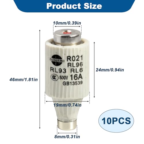10 Stück DII 16A E27 Sicherung Schmelzsicherung Keramik R021 500V Sicherungseinsätze Spiral-Diazed Sicherungen gG 50KA Diazed Strom Sicherung für Kabel und Leitungsschutz