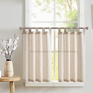 TOPICK Blue Striped Small Curtains 36 Inch Drop Linen Kitchen Curtains Translucent Short Cafe Curtains Flax Light Filtering for Country Small Window Basement Sink Laundry Room Bathroom 2 Panels