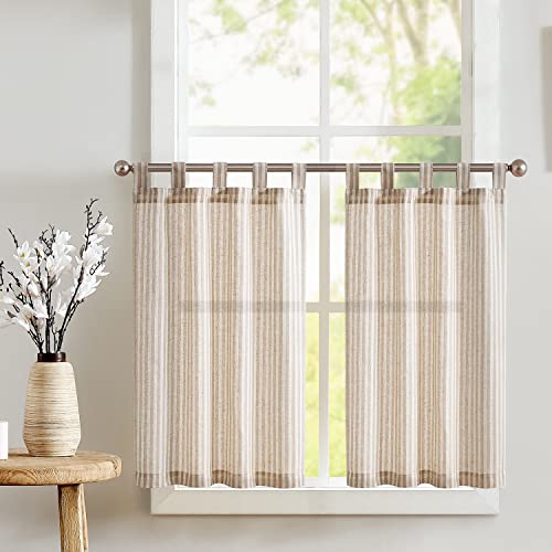 TOPICK Cortina de Cocina con Rayas con Presillas Opaca Lino Aptas para Cocina Comedor Baño y Pequeñas Ventanas Marrón sobre Beige Juego de 2 Unidades 65 x 90 cm