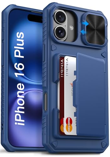Image of Vihibii for iPhone 16 Plus Wallet Case with Card Holder (4 Cards) [RFID Blocking] & Slide Camera Cover & Raised Edges Protect Screen, Shockproof Rugged Phone Cover for iPhone 16 Plus 6.7 inch 2024, Blue