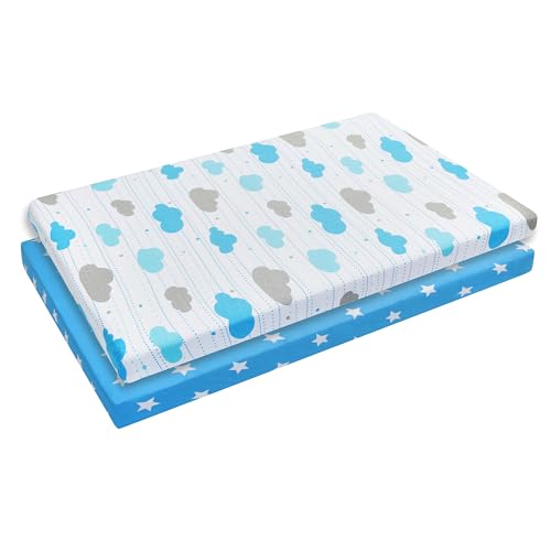 Image of EVERYDAY KIDS 2 Pack n Play Mattress Sheets - 100% Jersey Knit Cotton Soft Portable Crib for Boys with Blue Gray Celestial Star and Cloud Designs; Pk Playpen or Mini Fitted Sheet Set Stars /Clouds