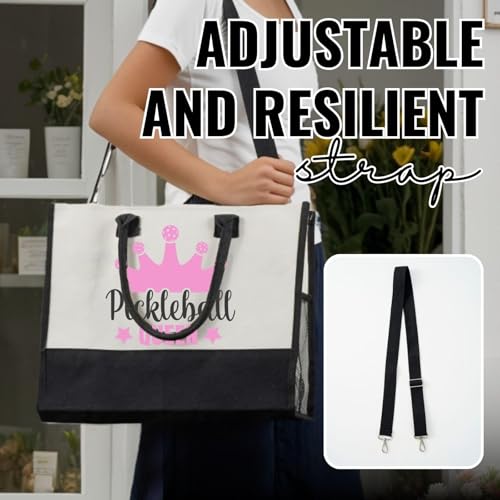 Image of InnoBeta Pickleball Gifts for Women Canvas Tote Stuff Bag with Top Zipper, Shoulder Strap