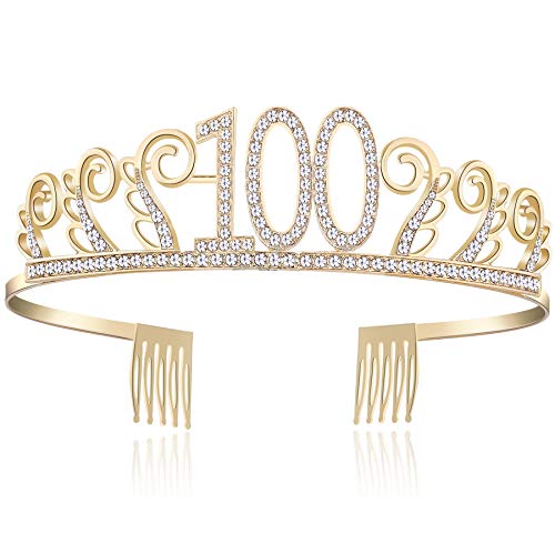 BABEYOND Crystal Birthday Tiara Rhinestone Princess Crown Happy Birthday Crowns Silver Diamante Happy 18 20 21 30 40 50 60 90th Birthday (Gold-100th)
