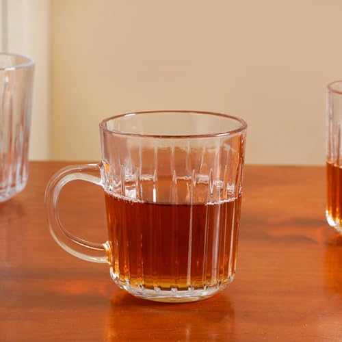 Image of Nestasia Set of 6 Transparent Glass Tea Cups (230ml Each) - Ribbed Durable & Chip-Resistant Coffee Mugs | Perfect for Coffee, Tea, Hot & Cold Beverages