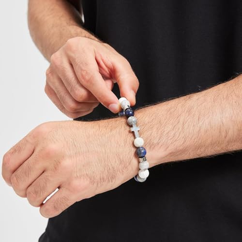 Men's Cross Bracelet, Christian Bead Bracelet for Men, 10mm Faith-Inspired Natural Stone, Perfect for Anniversary, Graduation, Christmas.2