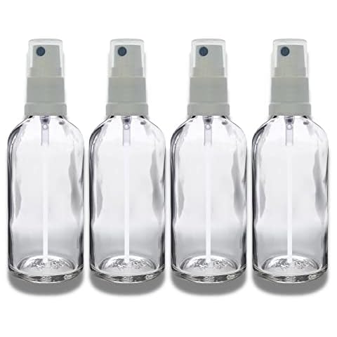 Avalon 100ml Clear Glass Bottles with White Atomiser Spray ~ Pack of 4 ~ Refillable, Reusable, and Travel Sized ~ Perfect for Aromatherapy, Perfumes, Essential Oils, Aftershaves, and More Cover
