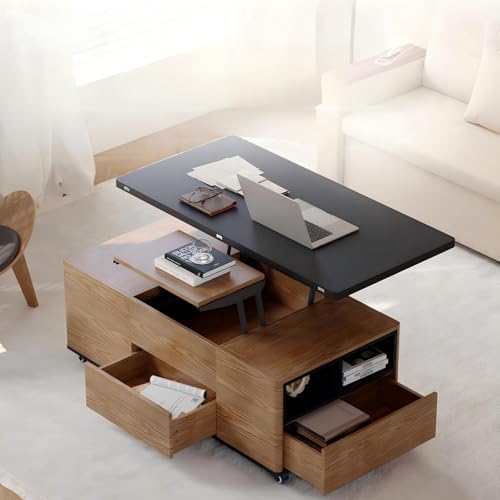 Homary Table Basse Relevable, Table Basse Salon Bois avec Rangement Caché, Mode Bureau Salle à Manger, Tournante Hydraulique, Meuble Convertible, Hauteur...