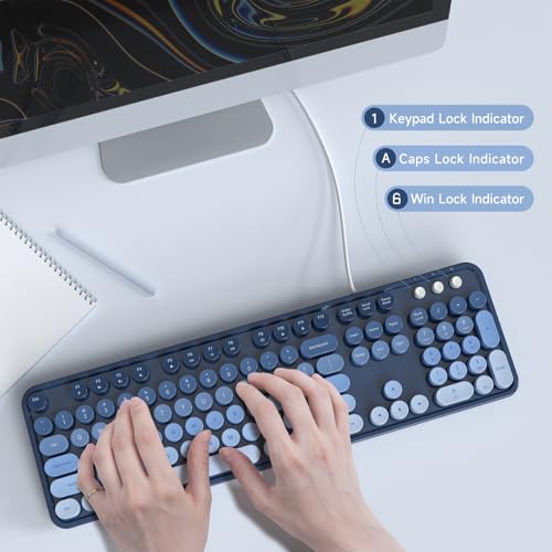 Image of MOWUX Computer Keyboard Wired, Plug and Play USB Retro Round Typewriter Keyboard, Full Size Wired Keyboard with Foldable Stands for Laptop and Office PC- Sea Blue Gradient