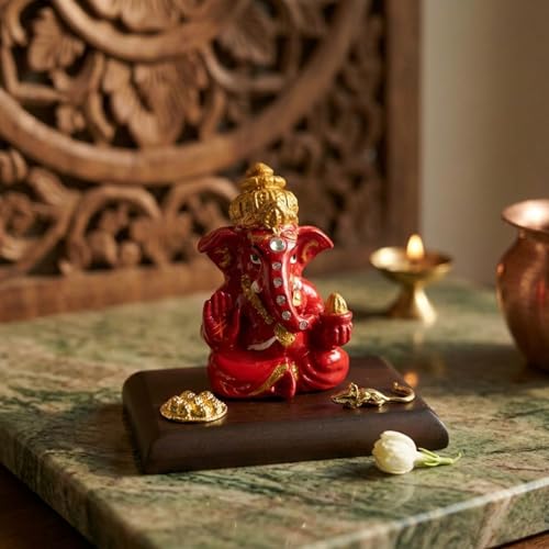 Image of eCraftIndia Red Blessing Ganesha Statue | Lord Ganesha Idol for Home Decor Car Dashboard | Ganesh Ganpati Murti Gift for Diwali Housewarming Birthday