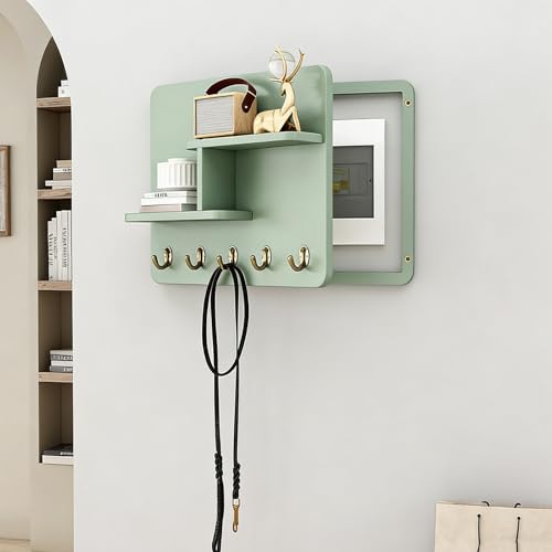 Fuse Box Cover Cabinet, Wall Mounted Fuse Box Cover Cabinet, Wooden with Shelf &amp; Hooks, for Living Room Home Office(Green-b,55 * 45cm/21.7 * 17.7in)