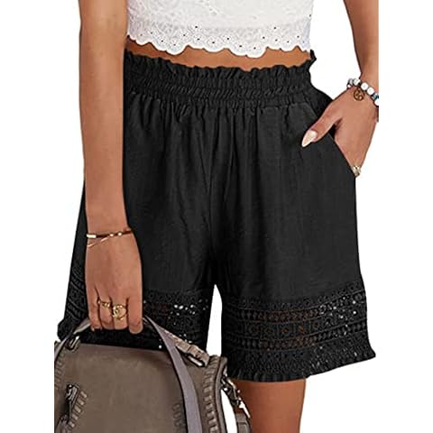 Shorts for Women Casual Elastic Waist Yoga Lounge Shorts Comfy Stretch Lace Trim Summer Beach Linen Ruffle Shorts Black Cover
