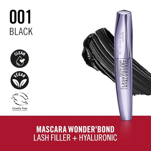 Rimmel Wonder'Bond Lash Filler + Hyaluronic, Mascara, 001 Black, Cils hydratés et nourris, Cils visiblement plus denses et épais, Acide hyaluronique, Résiste aux bavures, Ne s'effrite pas, 11 ml
