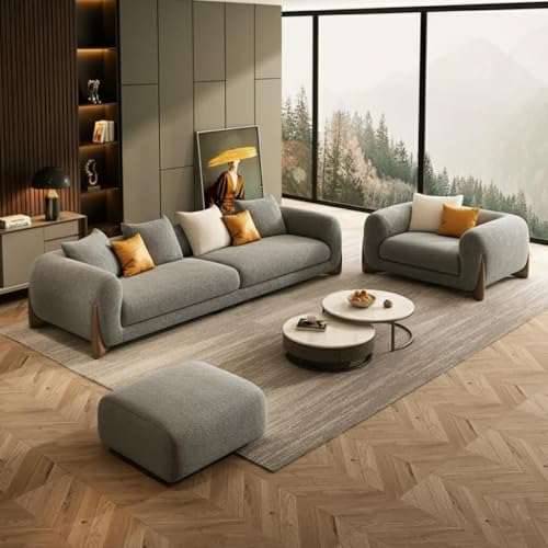 Image of Boucle Fabric Modern Design Sofa with Pillow or Strong Woden Legs Best for Living Room, Halways, Garden (3+1 Seater + Ottoman (Light Grey))