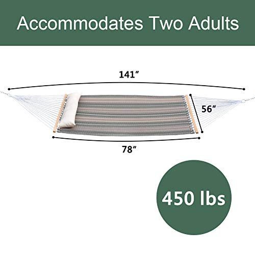 Toucan Outdoor Double Quilted Hammock With Spreader Bar And Extra Large Pillow, 2 Person Hammock With Pillow For Outdoor Outside Patio Yard, Elegant Desert Stripe #TOP5