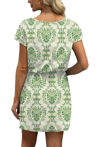 Image of OFEEFAN Summer Dresses for Women 2026 V Neck T Shirt Casual Mini Dresses Tie Waist Sundresses with Pockets