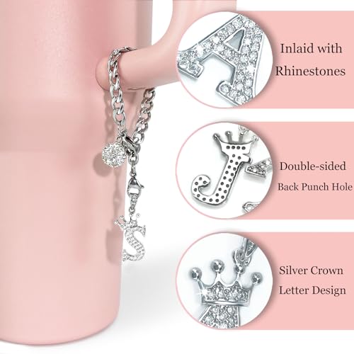 Silver Letter Charms for Stanley Cup- Crown Letter Charms Accessories for Stanley Handle 40Oz Tumblers Water Bottle Cup Initial Keychain with Diamond Glitter Jewelry Personalized Decorations L2