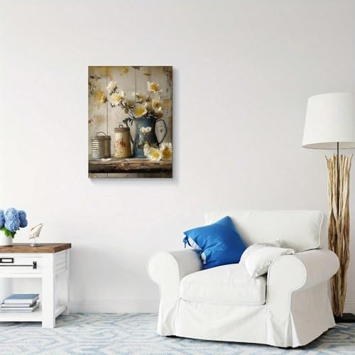 Toile murale jasmin blanc 60x75cm avec cadre doré rustique pour salon
