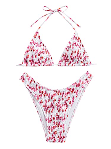 SOLY HUX Women s Floral Print Halter Triangle Tie Side Bikini Set Two Piece Swimsuits Red and White Smocked S