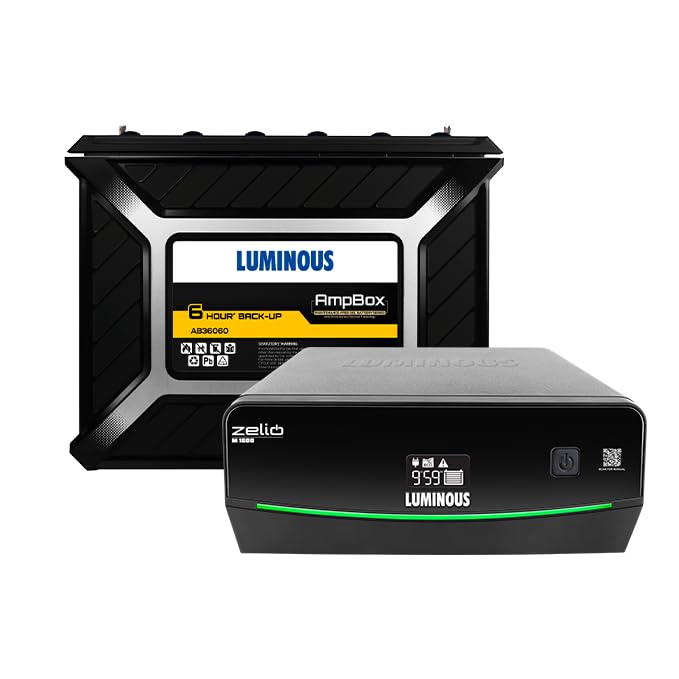 Image of Luminous Inverter & Battery Combo for Home, Shop & Office - Zelio M 1600 (1400VA /12V) Sine Wave Inverter + Ampbox AB36060 Gel Battery with 6 Hr Backup| Warranty: 36M (Inverter)+60M (Battery)