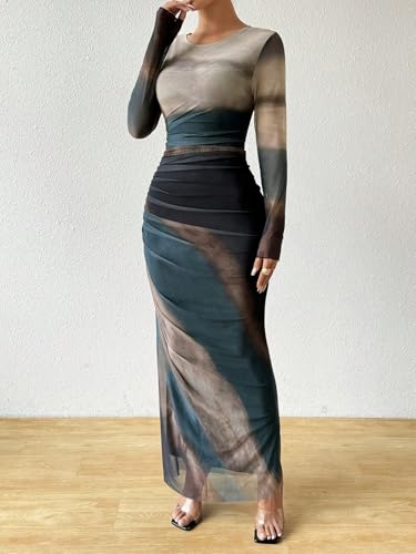 Image of LIGHT DOT Women's Printed Bodycon Maxi Dress Long Sleeve Tie Dye Mesh Ruched Cocktail Dress