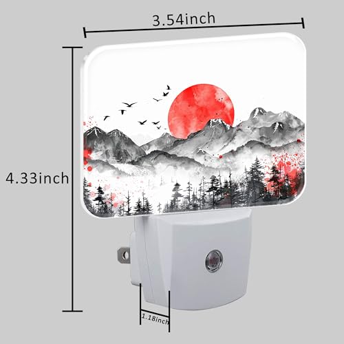 Image of Mountains and Red Sun Night Light Ink Painting Nightlight Plug into Wall with Dusk to Dawn Sensor for Kid Girls Boys Women Men Room, Hallway, Kitchen, Bathroom, Stairs Decor