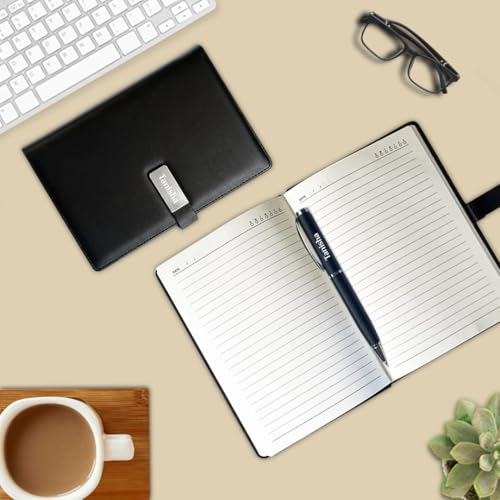 Image of Giftana Personalized Notebook Diary with Pen Gift Set for Men and Women, 2 in 1 Customized Office Diaries A5 Size Notebook, Diwali Gifts, Personalised New Year Corporate Gifts for Employees (Black)