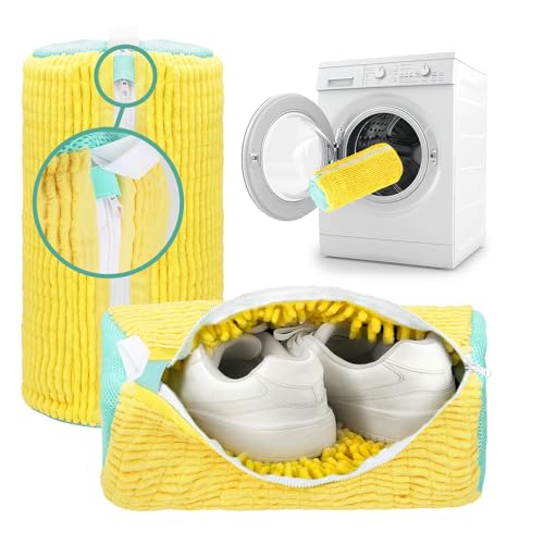 Shoe Washing Machine Bag - 2pcs - Laundry Shoe Bag for Washer and Dryer - 2pc Reusable Sneaker Cleaning Sack for All type of Tennis - Reinforced Zipper, 360° Deep Cleaning (Yellow)