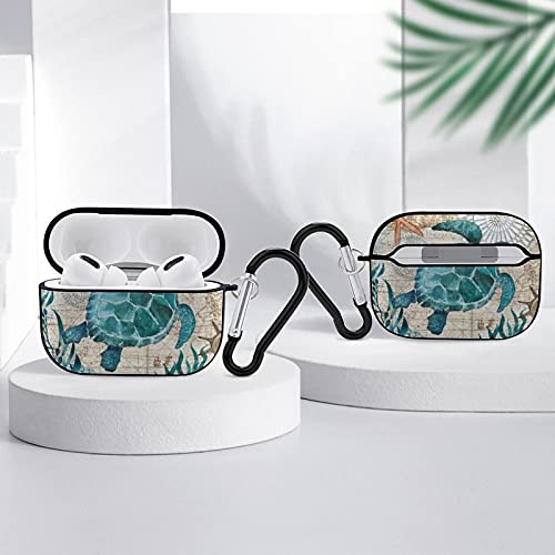 Youtary Blue Sea Turtle Nautical Map Pattern Apple Airpods Pro Case Cover With Keychain, Airpod Headphone Cover Unisex Shockproof Protective Wireless Charging Headset Accessories #TOP3