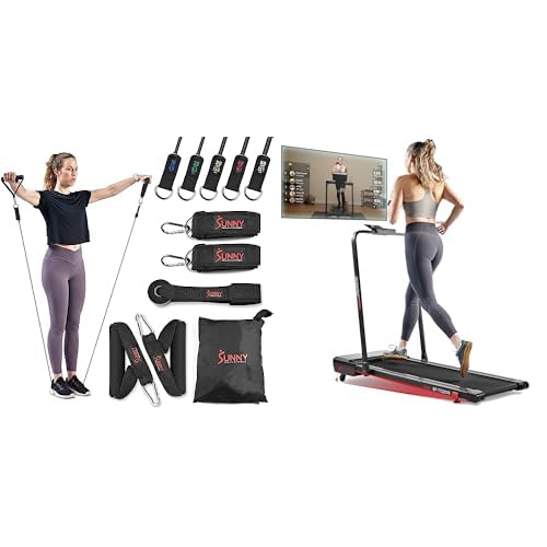 Sunny Health Fitness Resistance Band Strength Training Tube Set - NO 089-COMBO Pacer Smart Compact Auto Incline Treadpad