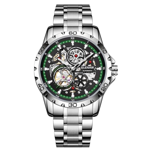 GLENAW Automatic Watches for Men - Mechanical Self-Winding,Skeleton Dial, 30 ATM Waterproof, with Stainless Steel Band,Wrist Watch - Men's Stylish Gift