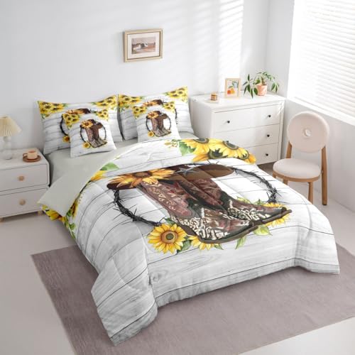 Image of Western Comforter Set 7-Piece Bed in a Bag Twin Sunflower Bedding Sets Cowboy Boots for Men,Bohemian Flowers Comforter and Sheet Set,Cowboys Gifts for Women,Cowboy Hats Bed Sets,Rustic Farmhouse Decor