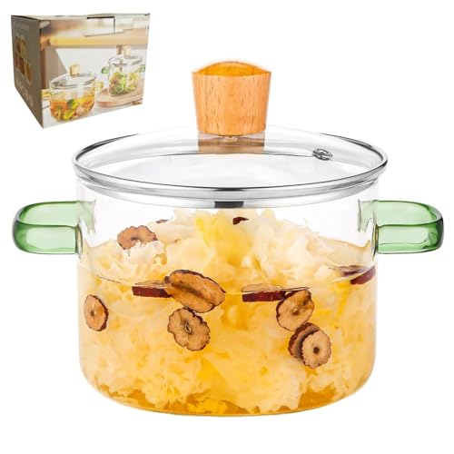 2 L Glass Cooking Pot, High Thermal Conductivity, Energy Efficient, Heat Resistant, Stovetop and Oven Safe, Green Handle, for Pasta,Soups,Potpourri