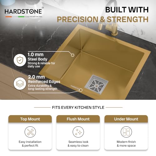 Image of HARDSTONE Premium Kitchen Sink | Single Bowl 16x18x9 Inch | Handmade Heavy Duty Stainless Steel Wash Basin with Matte Gold Finish | Includes Waste Hose Pipe, Coupling & Compact Drying Rack | Gold