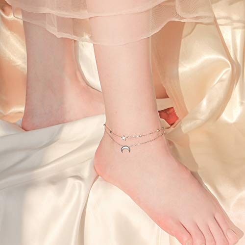 Flyow Star And Moon Layered Anklet 925 Sterling Silver For Women Girls Adjustable Beads Ankle Bracelet Crescent Boho Beach Foot Chain 10 11 Inch Charm Jewelry Birthday Gifts (Star & Moon 10+1) #TOP3