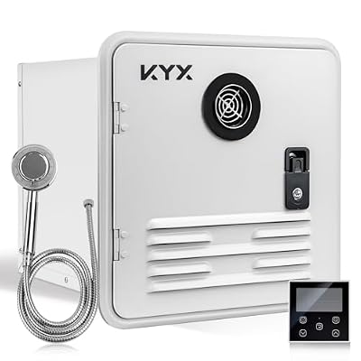 KYX RV Tankless Water Heater 67,000 BTU - Propane Instant Camper Water Heater with Shower head and 15 x 15 inches White Door, High Altitude Available, DC 12V, External Water Outlet & Remote Controller