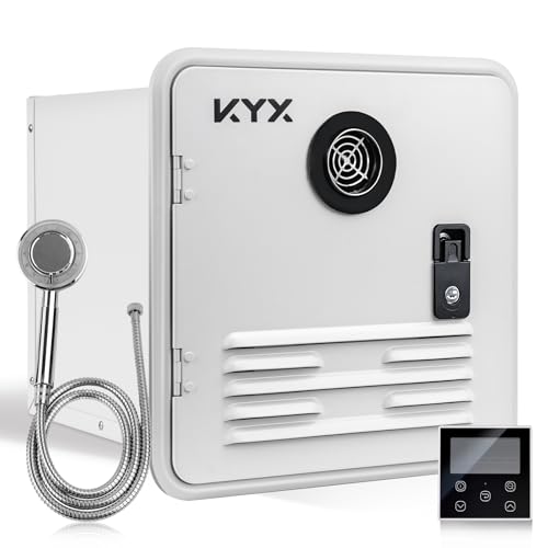 KYX RV Tankless Water Heater 67,000 BTU - Propane Instant Camper Water Heater with Shower head and 15 x 15 inches White Door, High Altitude Available, DC 12V, External Water Outlet & Remote Controller