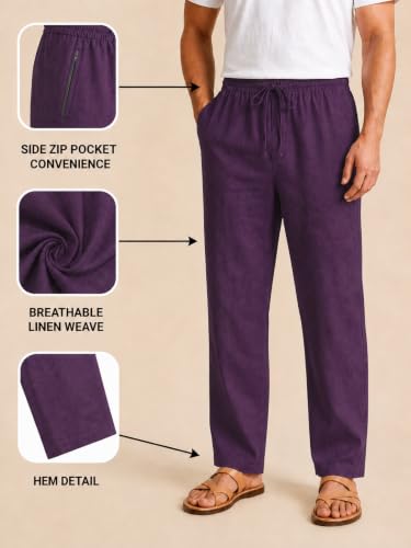 Image of TAGDO Cotton Linen Pants for Man | Lightweight & Breathable Fabric | Elastic with Drawstring | Straight Fit & One Side Zip Pocket | Casual, Holidays, Travel & Everyday Wear (2076)