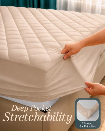 Image of Quilted Fitted Mattress Pad, Twin Mattress Protector Topper with Deep Pocket Stretches up to 16 Inches, Machine Washable Mattress Cover by Utopia Bedding (Beige)