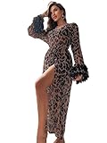 OYOANGLE Women's Sleepwear Leopard Print Ruffle Floral Long Sleeve Belted Robe Nightgown Khaki M