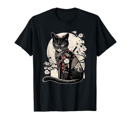 Retro Japanese Samurai Ninja Cat Kawaii Tattoo Design T-Shirt