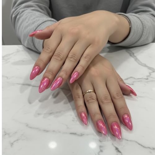 Image of 24 Pcs Reusable Press On Nails Fake Nails with Glue and Kit|Rose Pink Glitter Stiletto Press On Nails | Shimmer Metallic Pink Fake Nails | Long Almond Acrylic Look | Reusable Stick On Nails for Women|