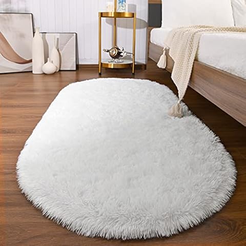 Softlife Fluffy Area Rugs for Bedroom 2.6' x 5.3' Oval Shaggy Floor Carpet Cute Rug for Girls Room Kids Room Living Room Home Decor, White Cover