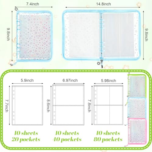 Image of Feifeiya 3 Pack 3 in 1 Sticker Storage Organizer Binder A5 Reusable Sticker Collecting Book Album Holder with Zipper Cards Keeper with 140 Pockets (Pink Blue Green)
