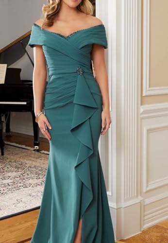 Women's Off Shoulder Long Mother of The Bride Dresses Long Satin Ruched Evening Formal Dress with Slit PU1733